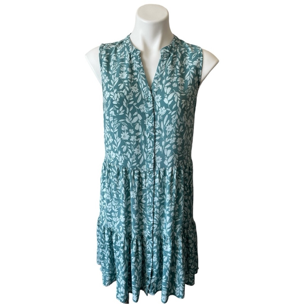 Absolutely Famous Sleeveless Dress Green & White Floral Sz Med